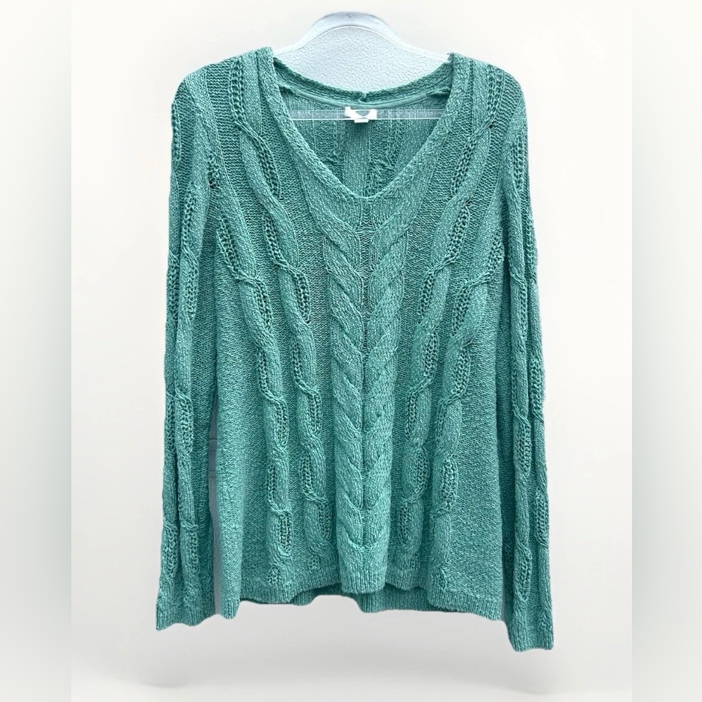 J Jill Sweater S Cable Knit Textured Blue V-neck Cotton Blend Fisherman Coastal